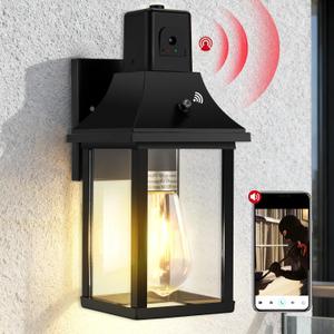 HIHUOS Porch Light with Security Camera Built in Dusk to Dawn Outdoor Lighting - Waterproof Outside Lights Fixture Wall Mount- Exterior Lights for House Garage Front Door,Black