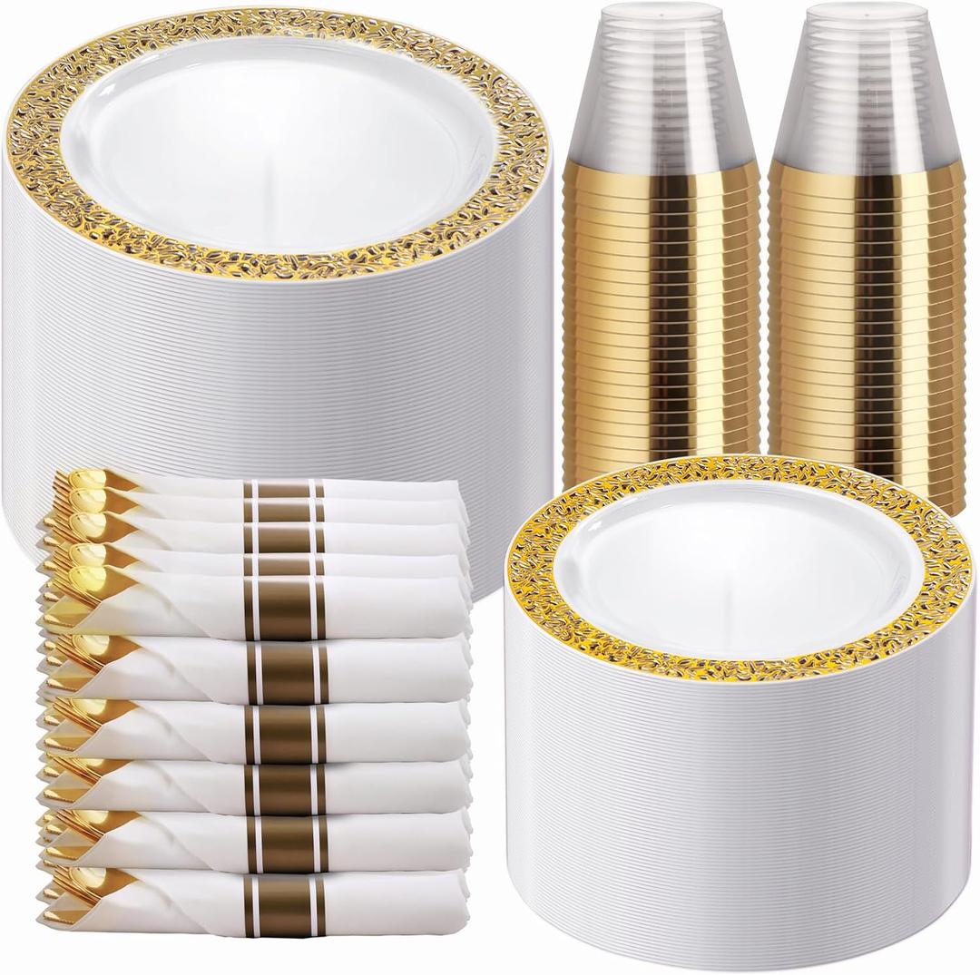 WELLIFE 350 Pieces Gold Plastic Dinnerware, Include:50 Dinner Plates,50 Dessert Plates, 50 Pre Rolled Napkins with Silverware and 50 Cups for Party