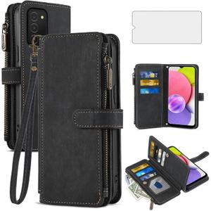 Asuwish Phone Case for Samsung Galaxy A03s US Version 5G 2022 Wallet Cover and Tempered Glass Screen Protector Leather Flip Credit Card Holder Stand Cell Ao3s A 03s SM-A037U SM A037U Women Men Black