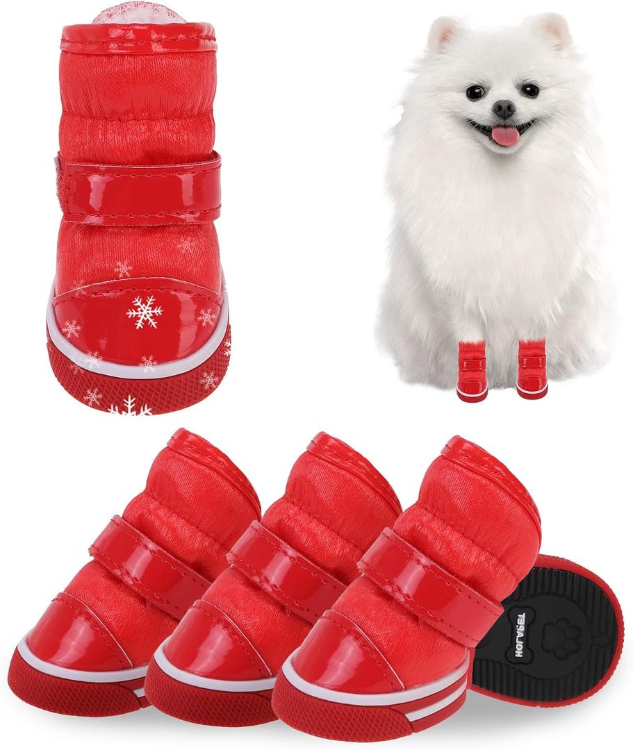 SCENEREAL Fleece Dog Shoes for Winter, Dog Boots & Paw Protectors, Warm Puppy Snow Booties for Small Medium Sized Dogs, Anti-Slip Rubber Sole PU Waterproof Boots for Outdoor Walking, Red Size 3