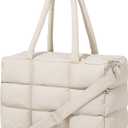 Puffer Tote Bag with Laptop Compartment, Quilted Shoulder Bag for Work Gym, Puffy Travel Carry On Tote with Zipper (Beige)