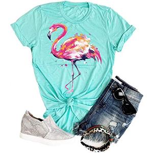 Women's Short Sleeve Round Neck Loose Cute Animal Flamingo Print Tee T-Shirt Top(Green-XXL)