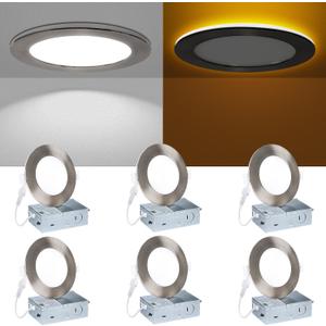 Recessed Ceiling Lighting 4 Inch - with Night Light, 750LM Dimmable Downlight, 9W 5CCT 2700K-6000K & 3W 1800K-3000K, Canless Wafer Downlight Ultra Thin, 4inch 6P Brushed Nickel