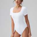 OQQ Women Bodysuits Ruched Short Sleeve Square Neck Stretch Lounge Travel Bodysuits (White, S)