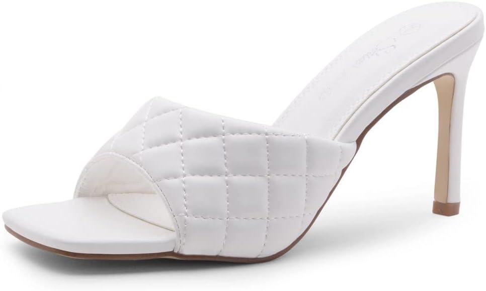Shoe Land Melrose Women's High Heels Stiletto Heeled Slides, Square Open Toe One Band Slip-On Heeled Mules  Dressy Clear Heeled Sandals for Prom Party Wedding and Vacation (9, White) Shoe Land Melrose Women's High Heels Stiletto Heeled Slides, Square Open Toe One Band Slip-On Heeled Mules  Dressy Clear Heeled Sandals for Prom Party Wedding and Vacation (9, White)