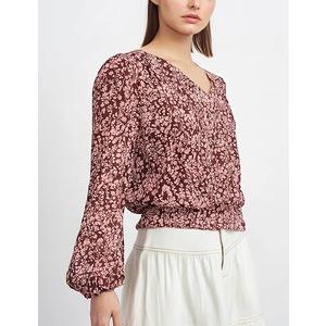 Women Long Sleeve Chiffon Blouse Elegant Floral Print Shirts V Neck Business Causual Tops Elastic Waist Outfits Size L