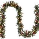 National Tree Company 9 ft Pre-Lit Frosted Berry Artificial Christmas Garland, Christmas Decoration with Pinecones, Red Berries, 100 Clear Lights, 200 Tips, Green