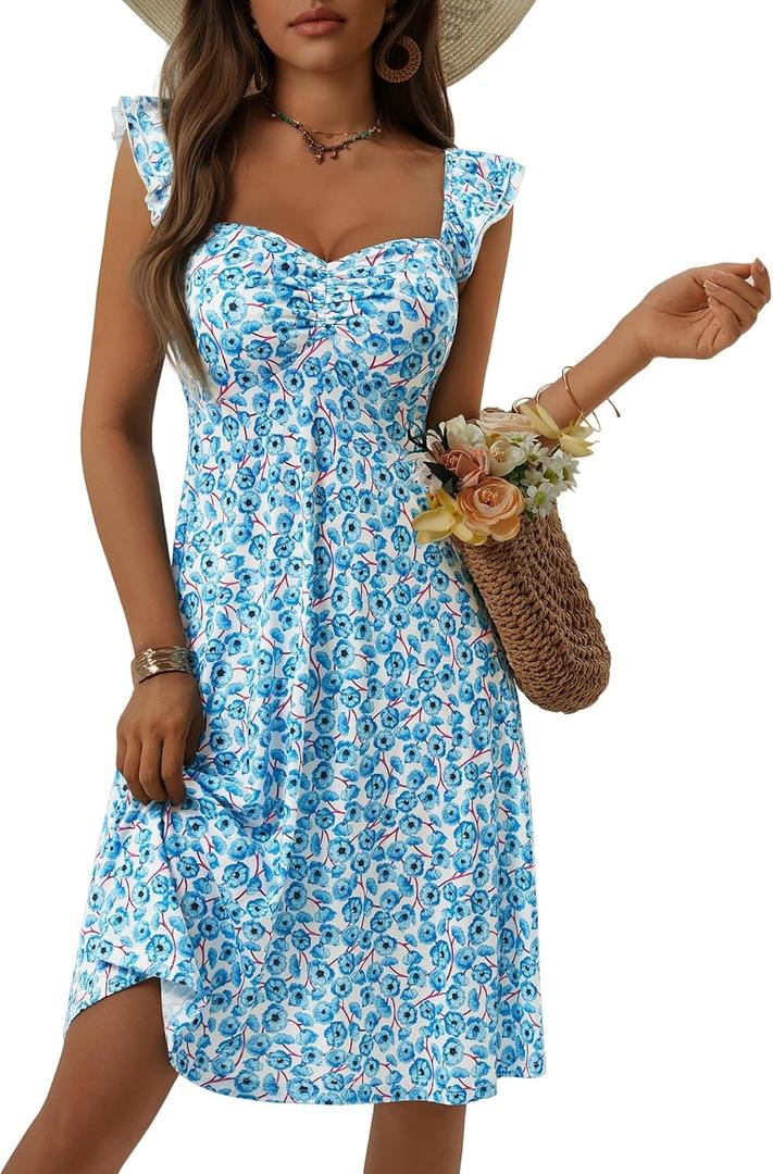 FENSACE Summer Cute Sweetheart Neckline Sundresses Ruffle Sleeve Floral Knee Length Dress (L)
