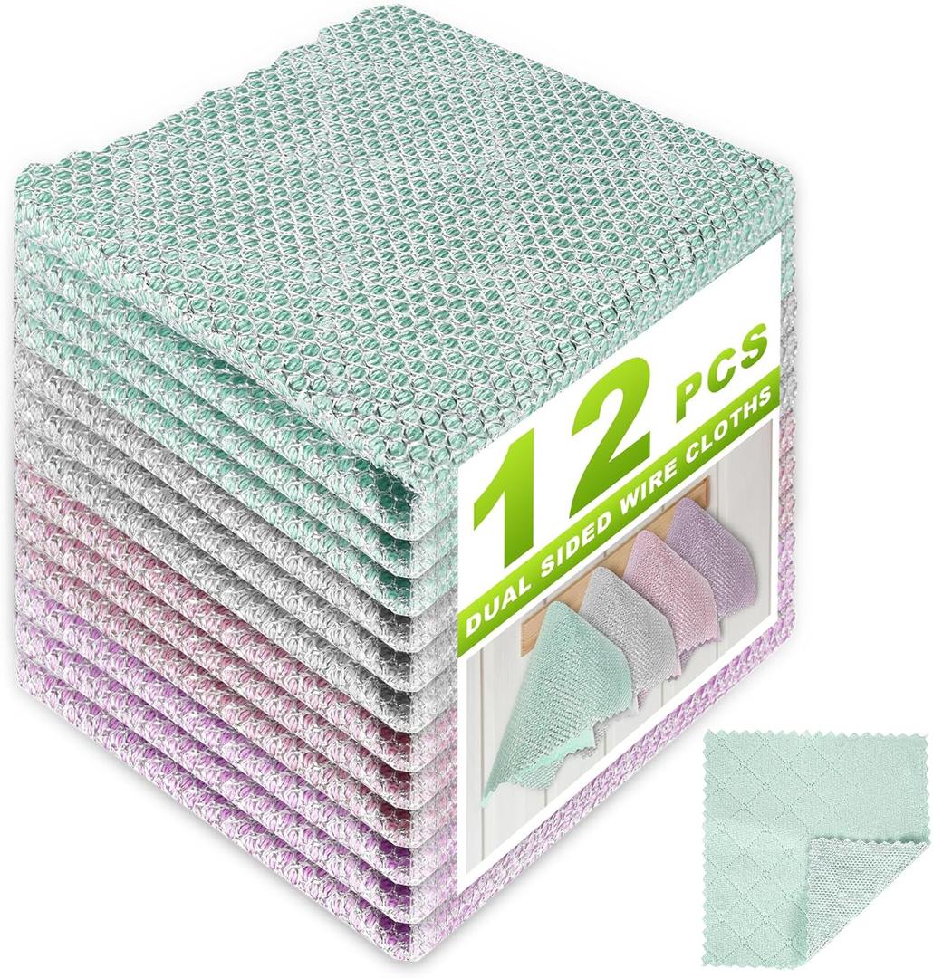 12 Pcs Multipurpose Wire Dishwashing Rag, 10"x10" | Upgraded Double-Layer Non-Scratch Wire Dish Cleaning Cloths, Reusable Steel Scrubberfor Kitchen, Cookware, Sinks, Stove Tops,