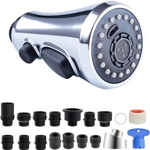 Hibbent Pull Down Spray Head for Kitchen Faucet, 3-Function Kitchen Sink Spray Nozzle with 15 Adapters, Faucet Head Replacement Compatible with Moen, American Standard, Delta, Kohler Faucets, Chrome (Chrome)