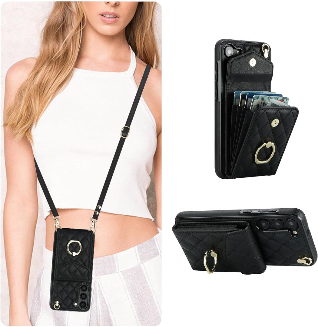 QLTYPRI Crossbody Wallet Case for Samsung Galaxy S24, PU Leather Phone Case with RFID Blocking Card Slots Holder Ring Kickstand Wrist Strap Lanyard Handbag Purse Cover for Samsung S24  Black