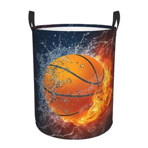 2 x Gbuzozie Sport Basketball Ball In Fire And Water Round Laundry Hamper Storage Basket Toys Clothes Organizer Bin For Home Bathroom Bedroom Dorm Nursery, 62l