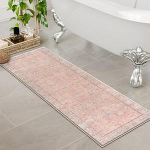 Uphome Boho Bathroom Runner Rug Mat 18x47, Non-Slip Soft Shaggy and Comfortable Large Size Microfiber Vintage Farmhouse Bath Rug, Super Absorbent and Thick, Machine Washable, Long Bath Mat, Pink (1'6" x 3'11" (Rectangular))
