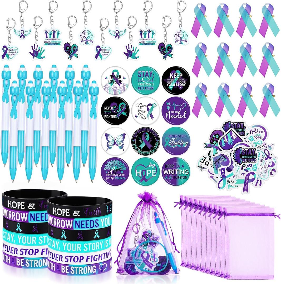 122 Pcs Ribbons Awareness Accessories Includes Ribbons Bracelets Stickers Pins Pens Keychain for School Charity Fundraiser Public Activities Supplies(Suicide Prevention,Teal Purple)