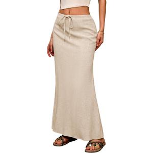 ELLEVEN Linen Flared Maxi Skirt with Back Slit - Elastic Waist Drawstring Long Flowy Ankle-Length Skirt (Small, Beige)