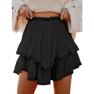 Flowy Shorts for Women Casual Boho Ruffle Tiered Skorts High Waist Mini Skirts Golf Tennis Crochet Shorts (Large, All Black)