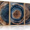 Colorful Tree Rings Framed Canvas Wall Art Set,Abstract Blue and Brown Wood Grain Wall Decor,Nature Modern Annual Ring Texture Artwork for Living Room,Bedroom-24 x36 x3