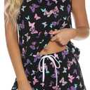 ENJOYNIGHT Womens Pajamas Set Cotton Summer Sleep Tank and Shorts Pjs Sleeveless Sleepwear (Medium, Black Flying)