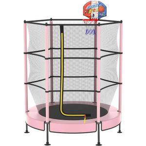 LANGXUN 60" Trampoline for Kids with Basketball Hoop, 5ft Indoor Outdoor Toddler Mini Trampoline with Raised Safety Net - Birthday Gifts for Boys and Girls, Christmas Toys for 3-10 Years Old (Pink)