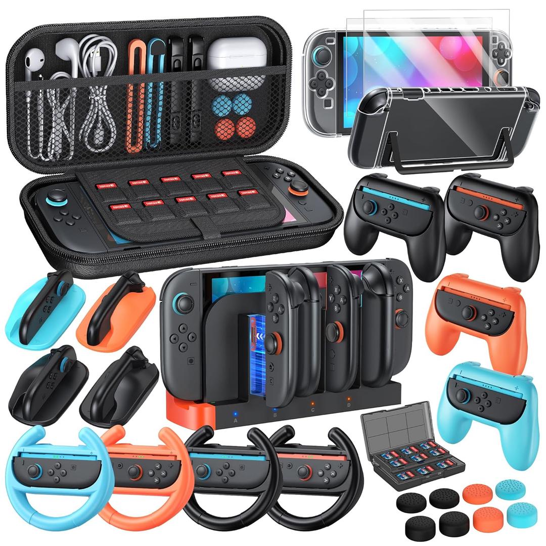 32-in-1 Accessories Bundle for Nintendo Switch 2,Family Games Kit: Carrying Case,Charging Dock for Joycon Switch 2 Controller,Tempered film,Steering Wheels,Grips,Protective Cover