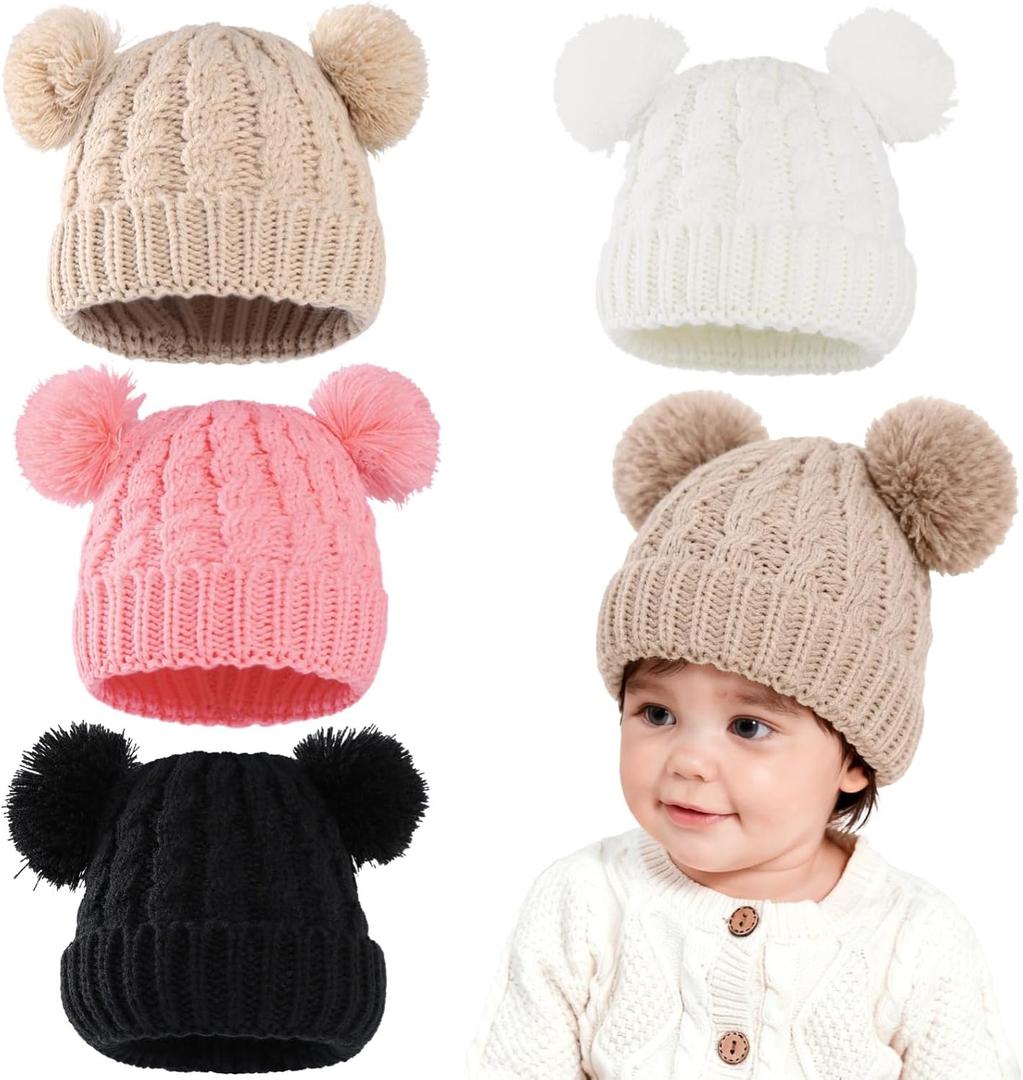 4 Pcs Knitted Winter Hat for Little One, Double Pom Beanie with Soft Knit Fabric, Warm and Breathable, Fits 03 Years, Cozy Cold Weather Hat for Little One, Multiple Colors Multicolor