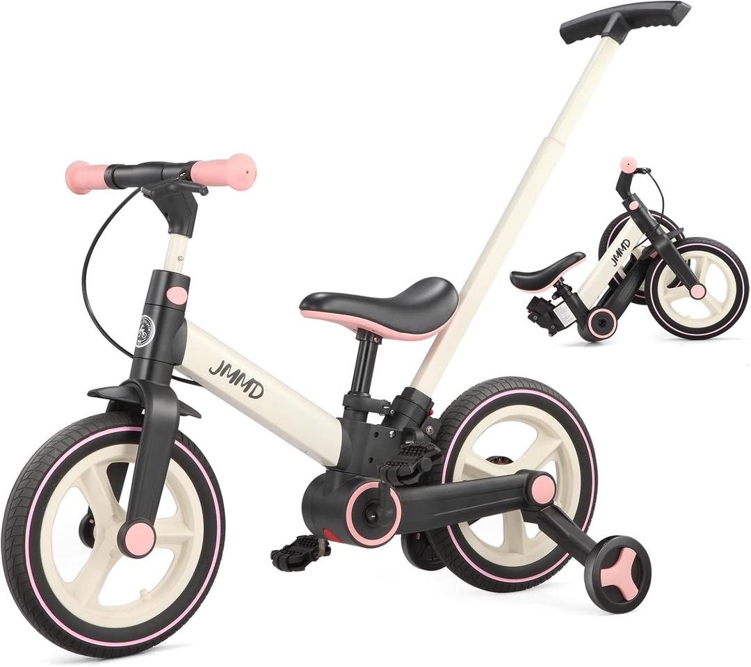 JMMD Toddler Bike with Push Handle for Kids 18-60 Months, 6 in 1 Foldable Push Bike with Training Wheels, Pedals, Brakes, Kickstand, Kid Balance Bike Gift & Toys for Boy & Girl (Large, Pink)