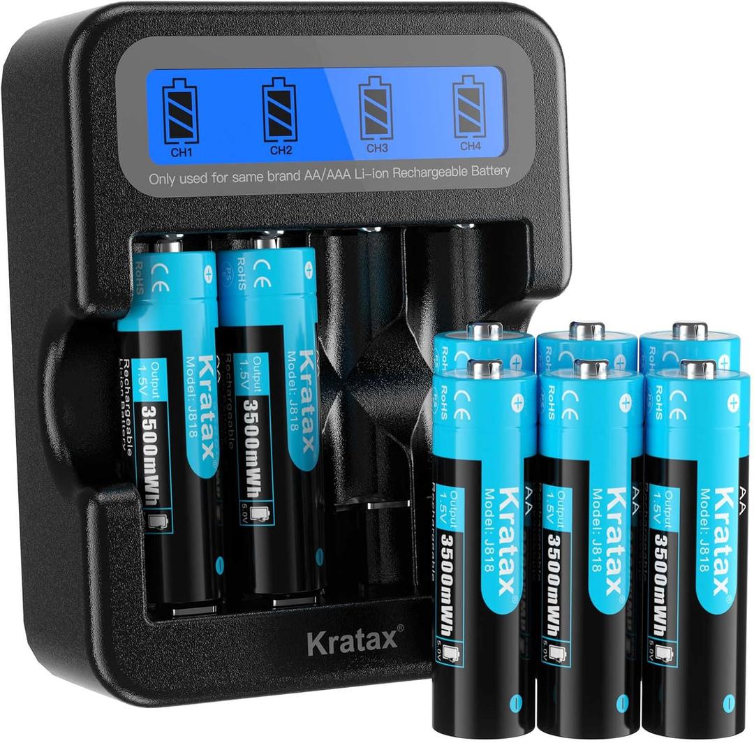 Kratax 1.5V Rechargeable AA Batteries 12 Count 3500mWh AA Rechargeable Lithium Batteries with 2.5h Voice Battery Charger, Long Lasting and Constant Voltage Output for Controllers, Toys, Microphones
