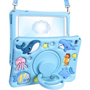 for iPad 6th/5th Generation Case, Air 1st/Air 2nd, for iPad Pro 9.7 Inch Case - for Girls Boys Cute Kawaii Girly Cover 3D Cartoon Ocean Design with Rotating Stand & Strap Silicone Blue Cases