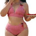 GORGLITTER Women's Plus Size Bikini Sets Checkered Triangle Halter Tummy Control Swimsuit Cute Y2K 2 Piece Bathing Suit, 4X-Large Plus, Red
