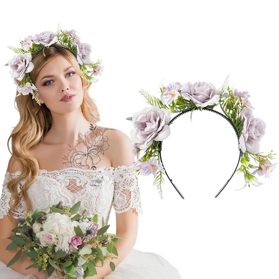 mdgfge Rose Flower Artificial Floral Crown Headband Mexican Day of the Dead Unique Design Headpiece for Women Halloween Bridal Wedding Anniversary Cosplay Party Headdress Hairstyle Decor Supplies