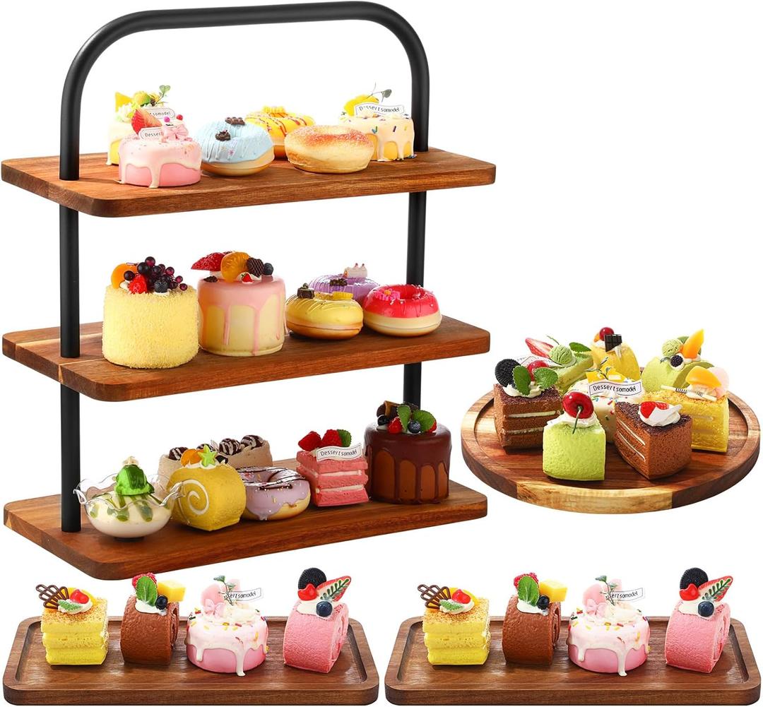 4 Pack Acacia Wood Cake Stand Set 3 Tier Wooden Cupcake Stand Round Cake Trays Rectangular Dessert Display Plate Charcuterie Board Wooden Coasters for Baby Shower Wedding Snack Tea Party