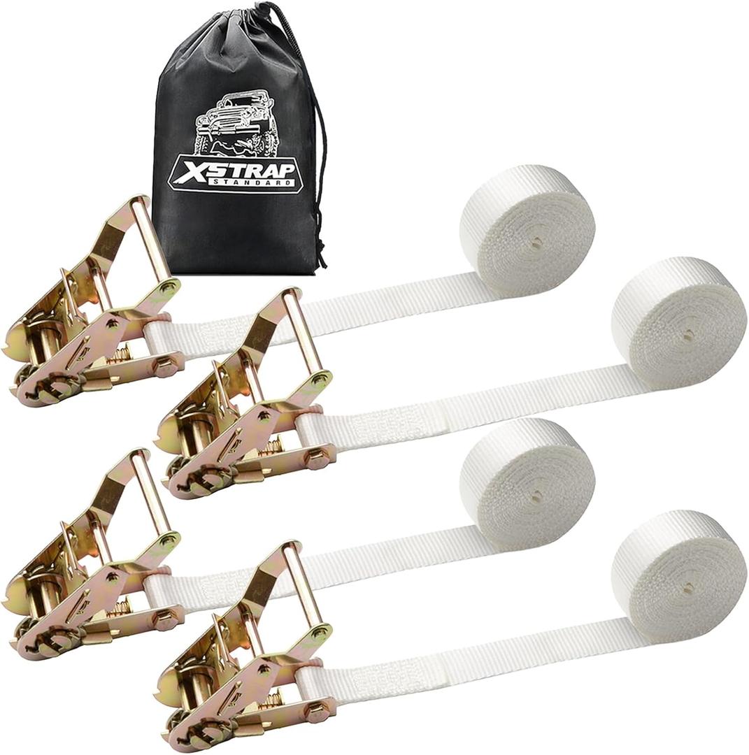XSTRAP STANDARD 4PK 1" Endless Ratchet Straps - 2500lbs Breaking Strength Heavy Duty White Tent Securing Straps, Track Spring Fittings, 10ft Tie Downs for Tents/Trailers/Kayaks