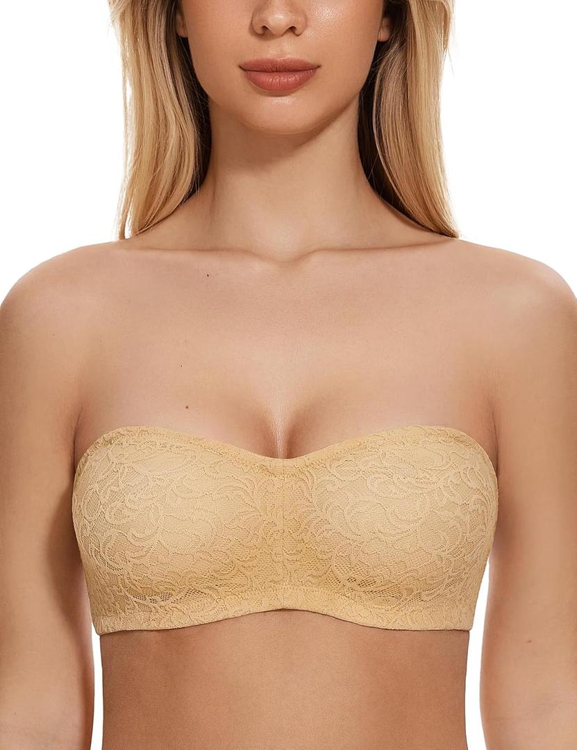 Wingslove Women's Strapless Bra Floral Lace Bandeau Unlined Underwire Minimizer Multi-Way Plus Size Support (32DD, Nude)