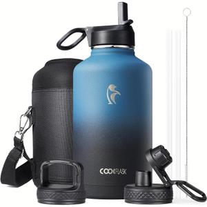 Half Gallon Water Bottle Insulated with Straw & 3 Lids, Coolflask 64 oz Water Jug Large Metal Stainless Steel Wide Mouth for Sports, Gym or Office, Non-BPA Keep Cold 48H Hot 24H, Samurai Cyan