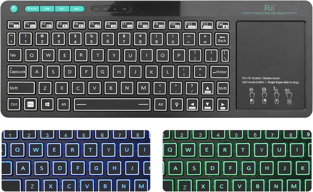 (Dual Mode) Rii RT518S Wireless and Bluetooth 2-LED Color Backlit Multimedia Keyboard with Multi-Touch Big Size Trackpad,Rechargable Keyboard for Android TV Box,PC,Tablets,Smart TV, HTPC, IPTV,Windows