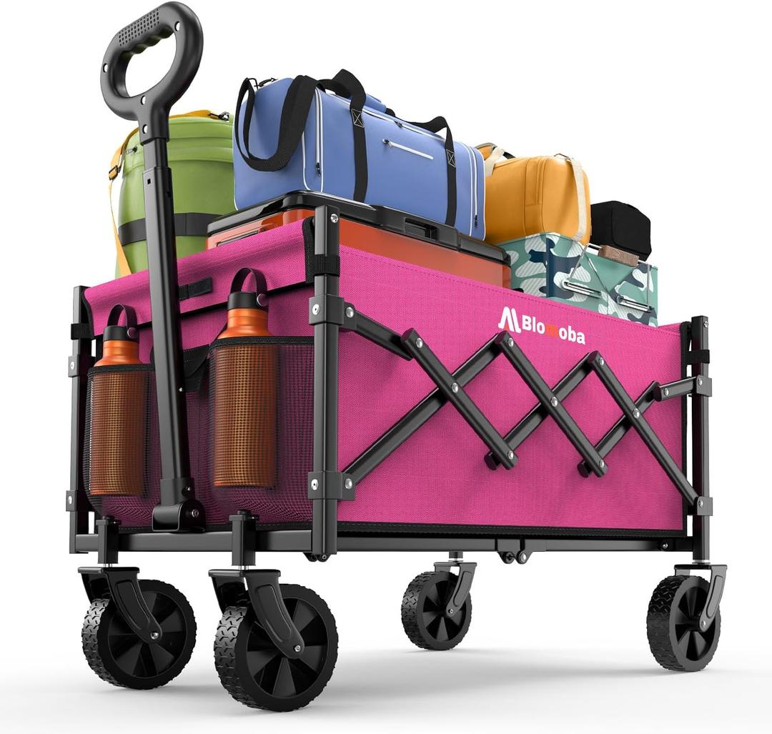 Collapsible Wagon with Wheels, 220 lbs Wagons Carts Foldable Wagon Cart with Flexible Handle, Lightweight Portable Folding Utility Grocery Shopping Cart for Grocery Sports Garden Camping, Pink (Medium without Tailgate)