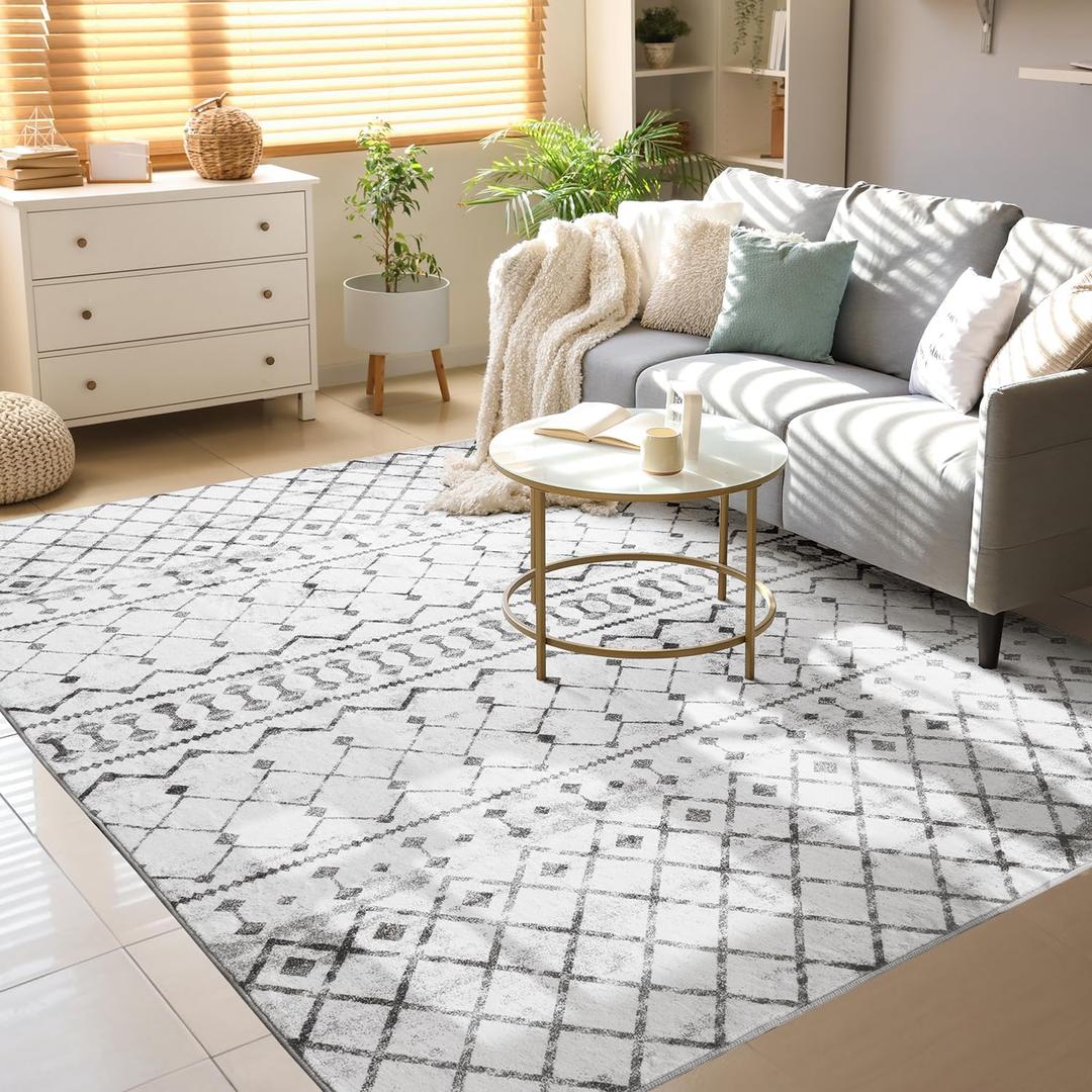 Lessymo 5x7 Area Rugs 5x7, Machine Washable Modern Area Rug, Super Soft Faux-Wool Carpet for Living Room Bedroom Dining Room, Non-Slip Low Pile, Grey White