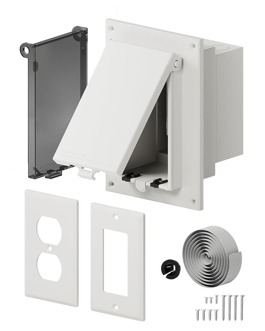 Recessed Outlet Box, DBVR1W-1 Low Profile Exterior Electrical Outlet Box for New Vinyl Siding, Enclosed Weatherproof Outdoor Outlet Box with 2 Covers-Clear & White, Vertical, 1-Gang