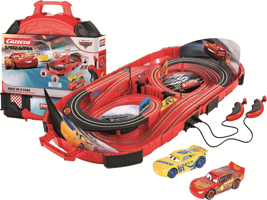 Carrera Speed Arena Disney Pixar Cars - Portable Slot Car Race Track Includes 2 Cars Lightning McQueen and Dinoco Cruz - Battery-Powered Beginner Toy Racing Set for Kids Ages 3 Years and Up, 39.37-in x 18.11-in