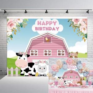 10x8ft Pink Barn Farm Birthday Party Backdrop Pink Girls Floral Farm Barn Photography Background Princess Birthday Newborn Baby Party Supplies Cake Table Banner