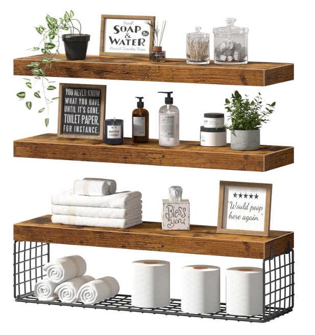 QEEIG Bathroom Shelves 24 inches Long - Floating Shelf for Wall Over Toilet Paper Storage Basket Farmhouse Set of 3, Rustic Brown (019-60BN3) 