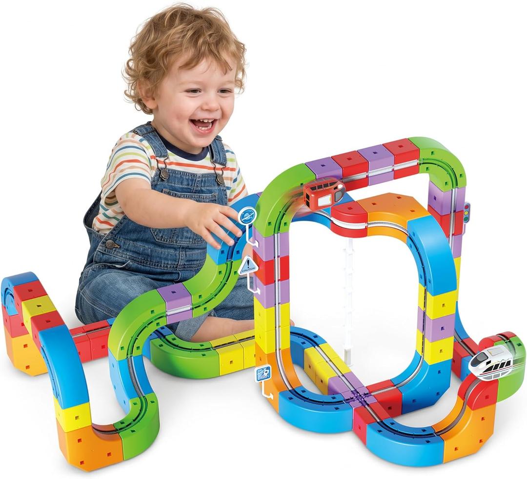 Electric Train Sets Racer Track, 121 PCS DIY Cubes Anti-Gravity Klick Rail 3D Infinity Track, STEM Traffic Blocks Trainset Gifts Toys for 3+ Years Old Kids(2 Trains + 67 Tracks + 52 Others)