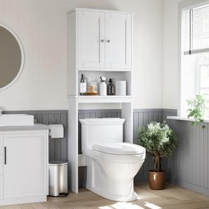 Shintenchi Over The Toilet Storage Cabinet, Bathroom Shelf Organizer with Anti-Tip Device Small Freestanding Space Saver with Adjustable ShelfWhite (Wood Door)