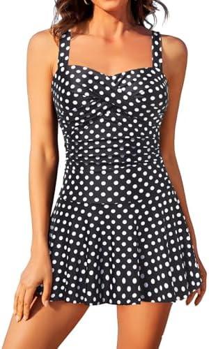 Aqua Eve One Piece Swim Dress Tummy Control Swimsuit with Skirt Modest Bathing Suit Vintage Swimdress Black Dot L at Amazon Womens Clothing store (Large)