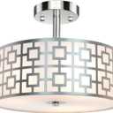 DLLT Flush Mount Ceiling Light: Modern 3-Light Brushed Nickel Kitchen Light Fixture - Drum Lighting Fixture for Dining Room - Silver Bedroom Ceiling Lamp with Double Shade