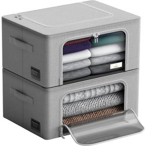Sorbus Storage Bins with Metal Frame - Stackable & Foldable Clothes Organizer Bags - Oxford Fabric Storage Containers with Large Clear Window & Carry Handles, Bedroom Organization for Bedding & Linen (2 Pack, Gray)
