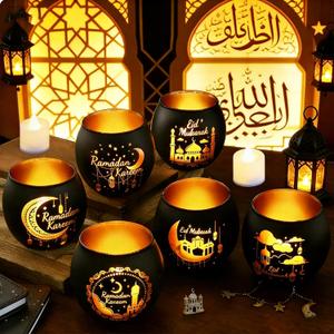 6 Set Ramadan Decorations Gifts Include 6 Glass Votive Tea Light Candle Holder 6 LED Flameless Candles Eid Mubarak Decorations for Home Party Table Centerpieces