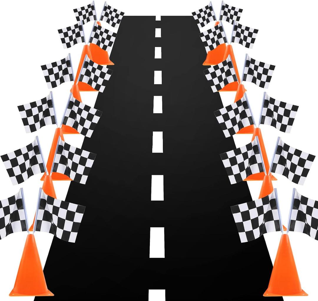 7inch Orange Racing Traffic Cones With Holes on Top,Checkered Flags,Racetrack Floor Runner,Race Car Birthday Party Decorations,Table Centerpiece Supplies 38PCS Set