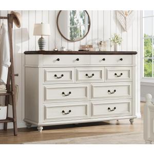 Farmhouse Dresser for Bedroom 9 Drawer Chest of Drawers, Tall Gray Dresser for Closet, Large Storage Dressers & Chests of Drawers for Living Room, Hallway (White, 9 Drawer) (16.1"D x 53.5"W x 36.2"H (9 Drawers))
