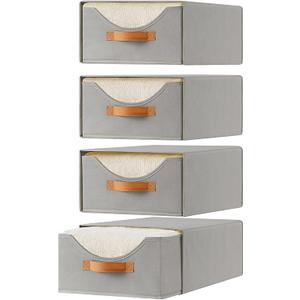 4 Pcs Closet Drawers and Large Size Clothes Storage Bins Push-Out Storage Stackable Shelf Drawers with See-Through Window Closet Organizers for Bedroom, Living Room, Under Bed, Grey